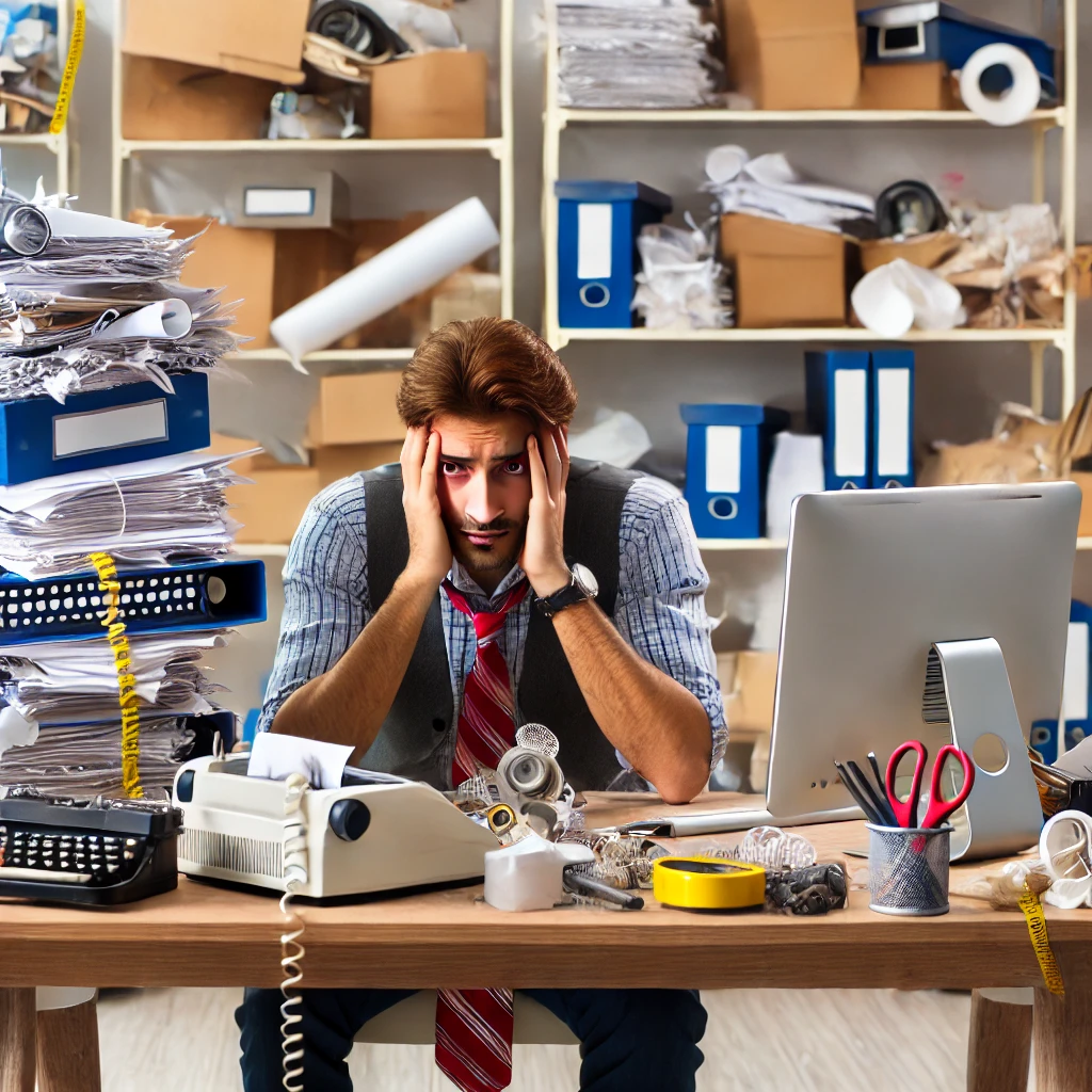 Stressed business owner at a cluttered desk with paperwork and tools.