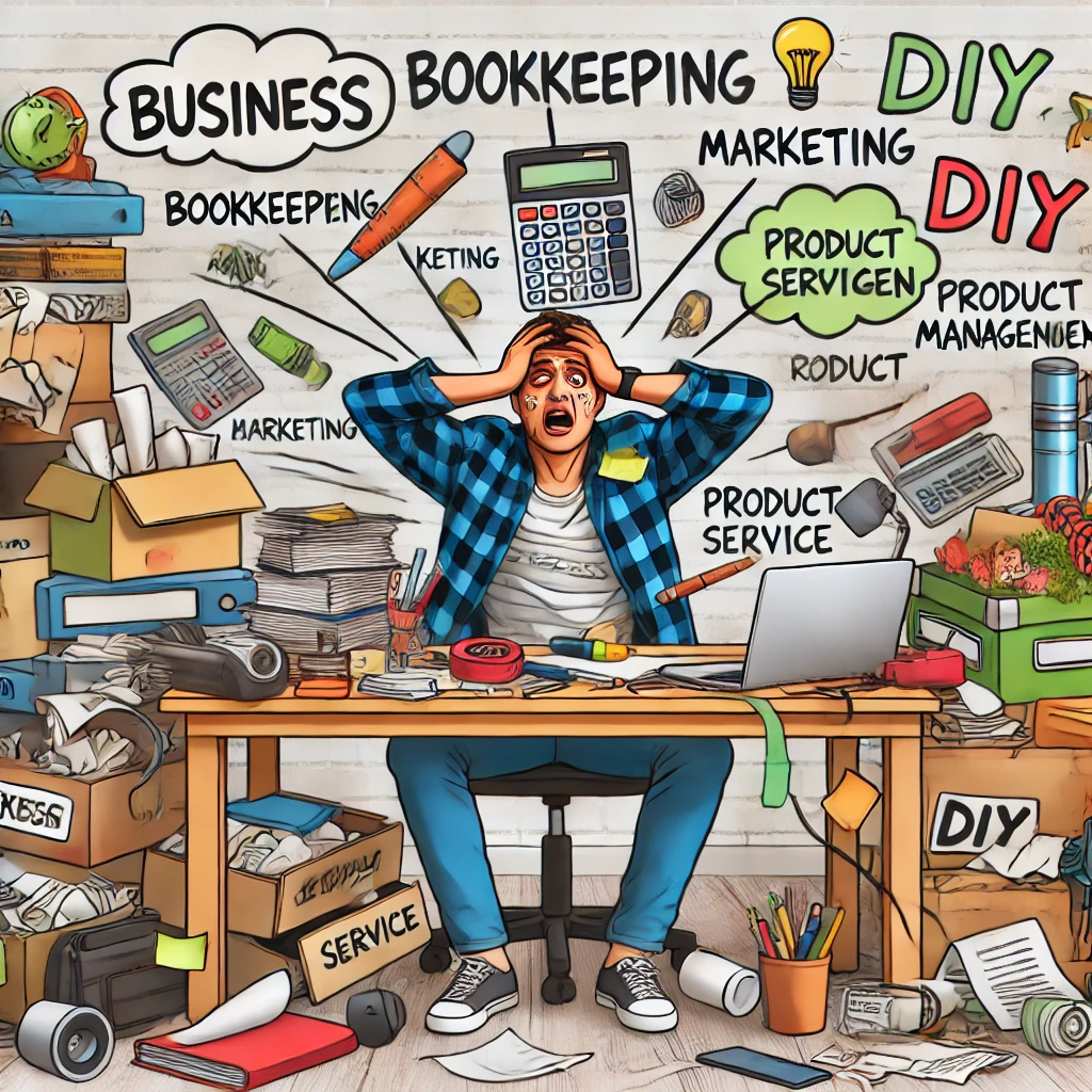 Small business owner overwhelmed by multiple tasks in a cluttered workspace.