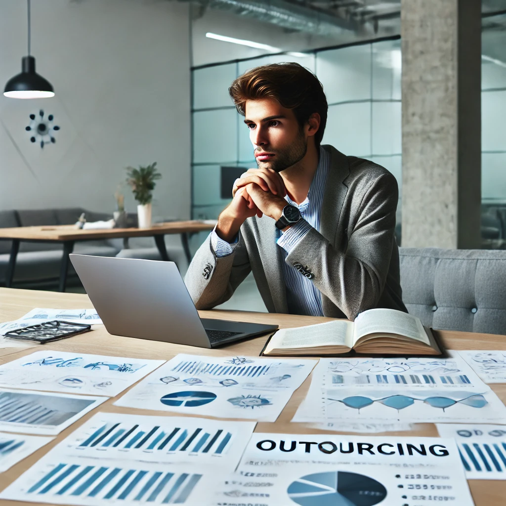 Startup founder analyzing outsourcing tech development options at their desk.